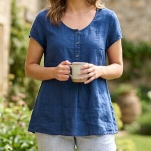 Flax 100% linen half button pop over tunic tee oversized m lagenlook minimalist